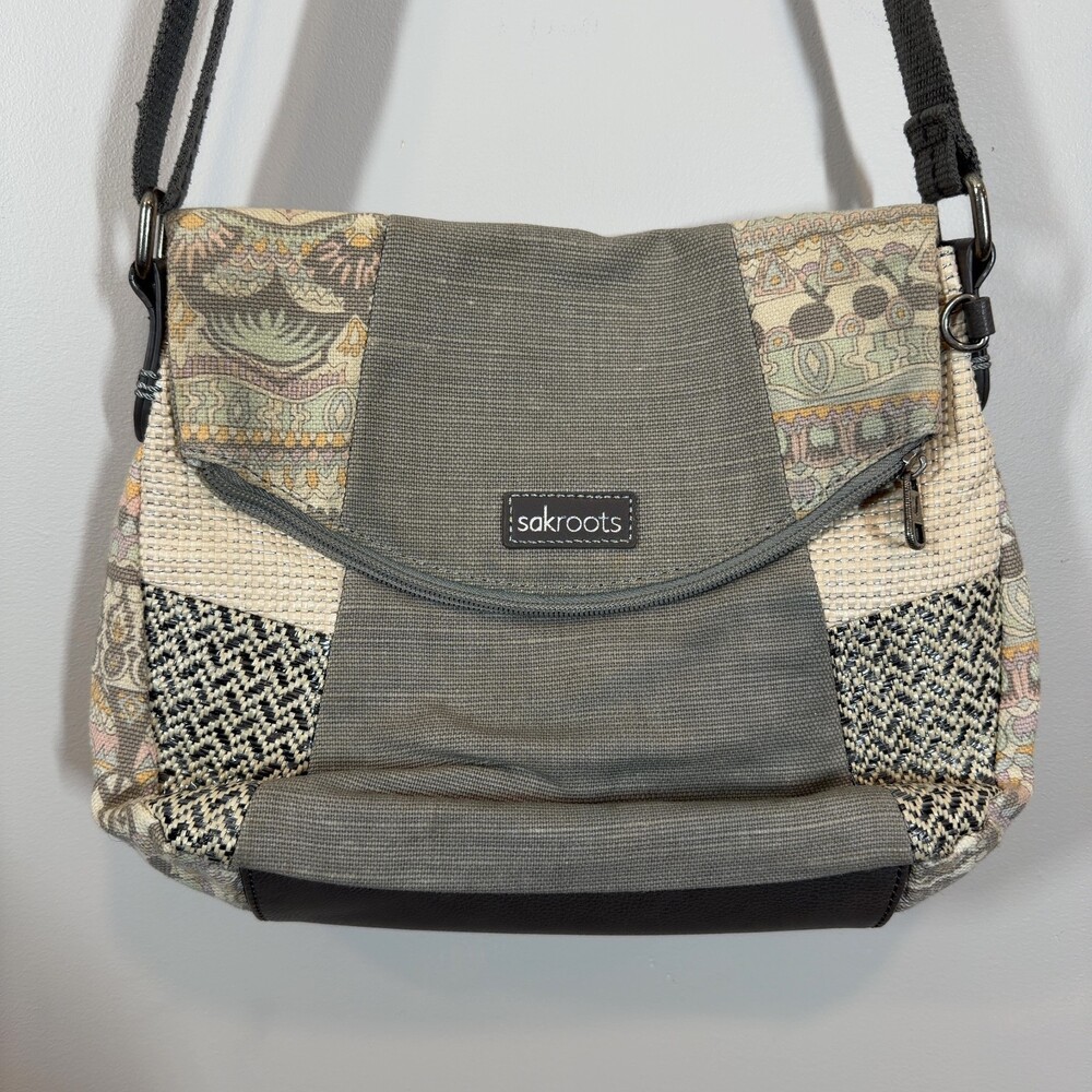 Sakroots Patchwork Crossbody Bag Gray Beige Canvas Mixed Media Boho